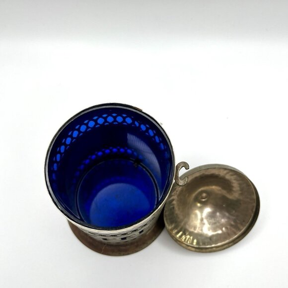 Vintage 50s MCM Silverplate & Cobalt Blue Liner Coffee Canister Art Deco Moorish - Picture 6 of 7